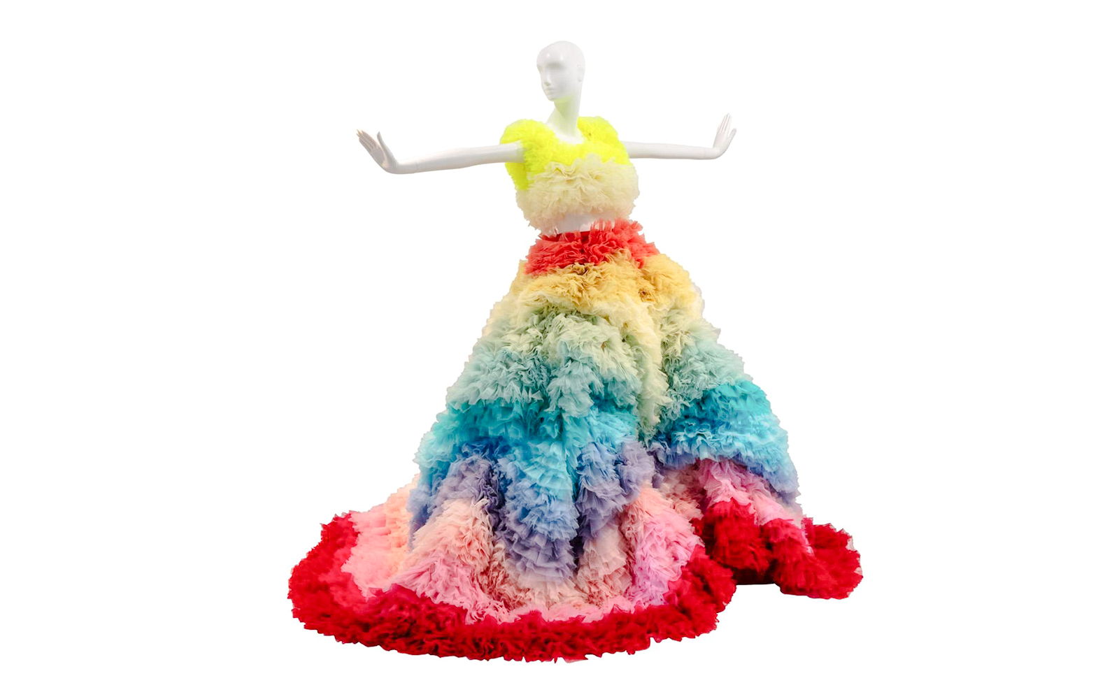 Colorful ruffled dress on mannequin, Let’s Party! Fashion for Kids, National Gallery of Victoria.