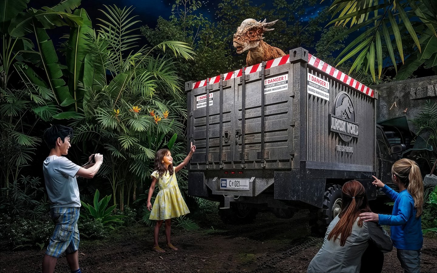 Children observing a dinosaur in a Jurassic World truck at night.