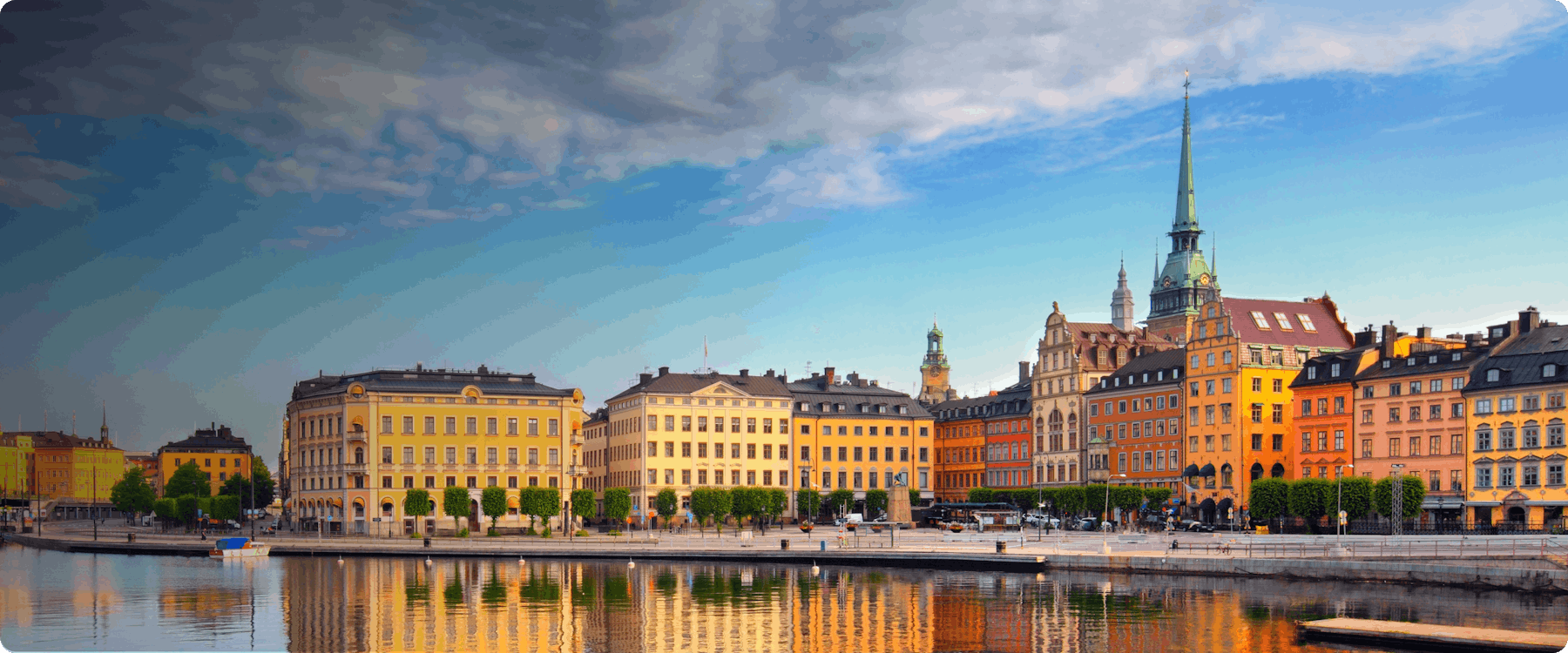 Colorful historic buildings along the waterfront in Stockholm, Sweden.
