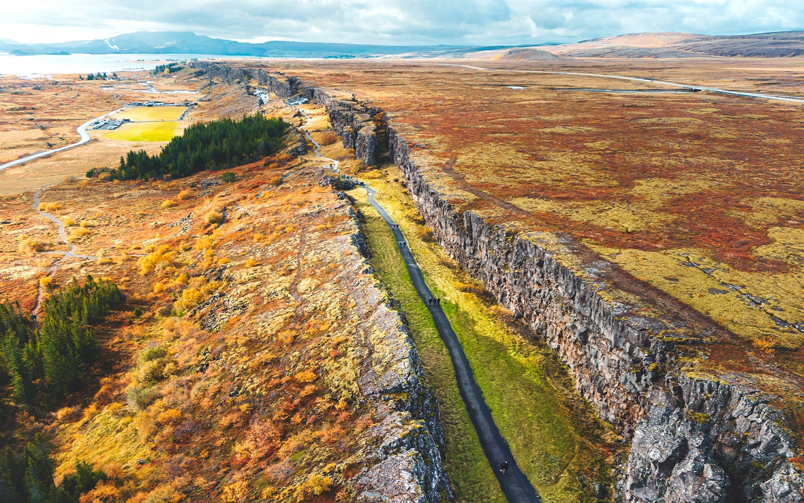 An aerial view of Thingvellir National Park, Iceland in Fall season.