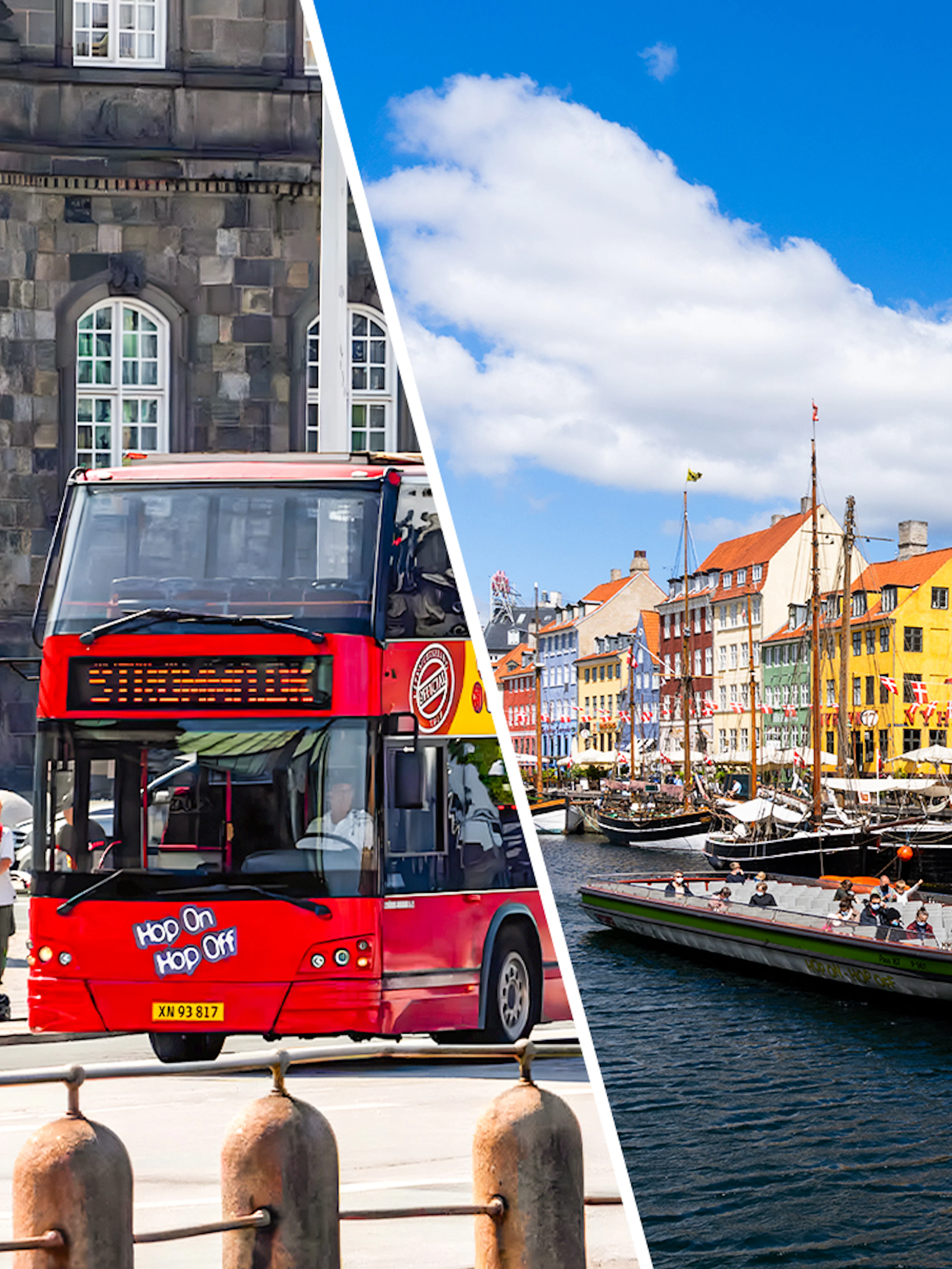 Tourist boat cruise in Nyhavn, Copenhagen with colorful buildings and a hop-on hop-off bus nearby.