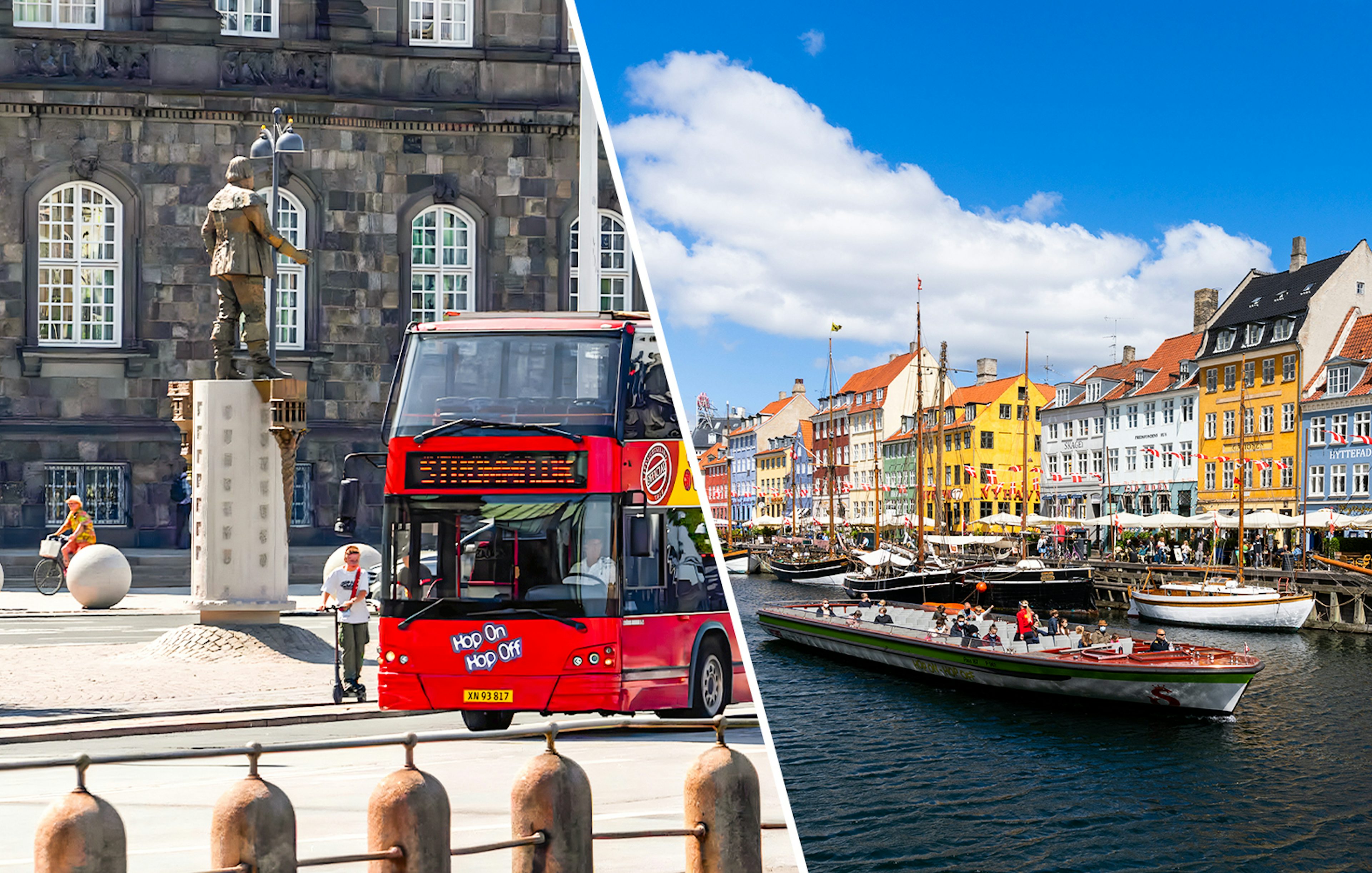 Tourist boat cruise in Nyhavn, Copenhagen with colorful buildings and a hop-on hop-off bus nearby.
