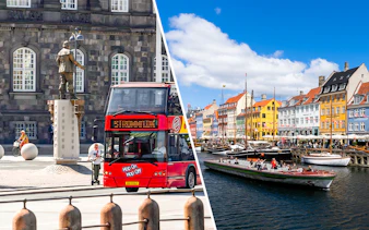 Tourist boat cruise in Nyhavn, Copenhagen with colorful buildings and a hop-on hop-off bus nearby.