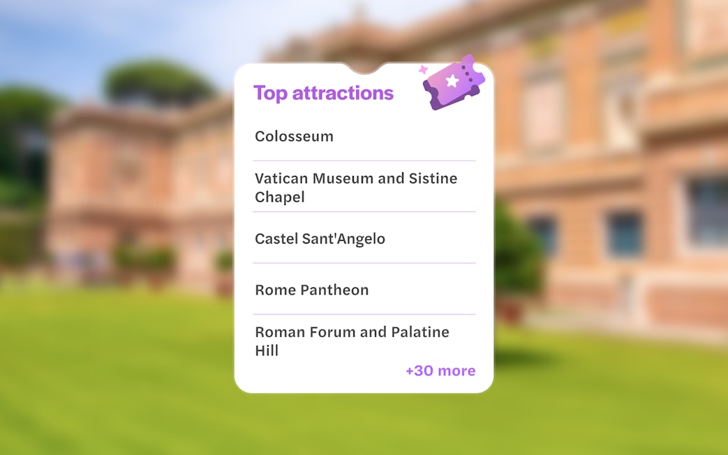 Rome City Pass attractions list featuring Colosseum, Vatican Museum, Castel Sant'Angelo, Pantheon, Roman Forum.