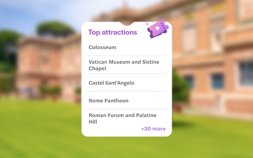 Rome City Pass attractions list featuring Colosseum, Vatican Museum, Castel Sant'Angelo, Pantheon, Roman Forum.