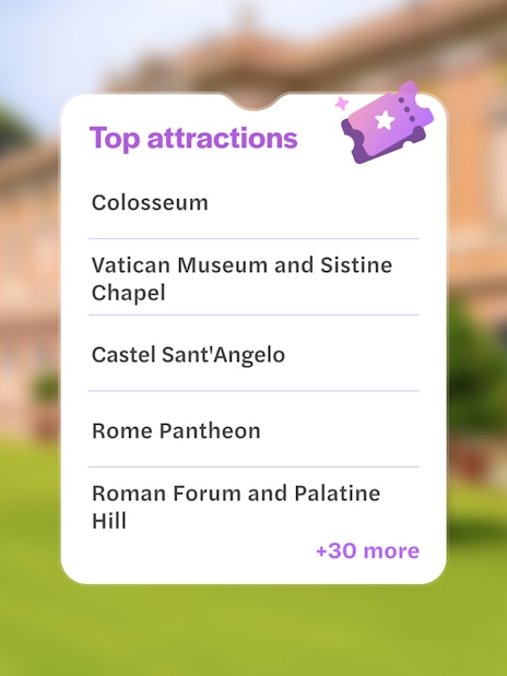 Rome City Pass attractions list featuring Colosseum, Vatican Museum, Castel Sant'Angelo, Pantheon, Roman Forum.