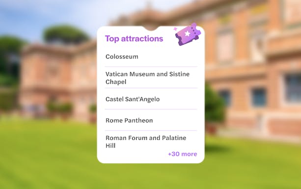 Rome City Pass attractions list featuring Colosseum, Vatican Museum, Castel Sant'Angelo, Pantheon, Roman Forum.