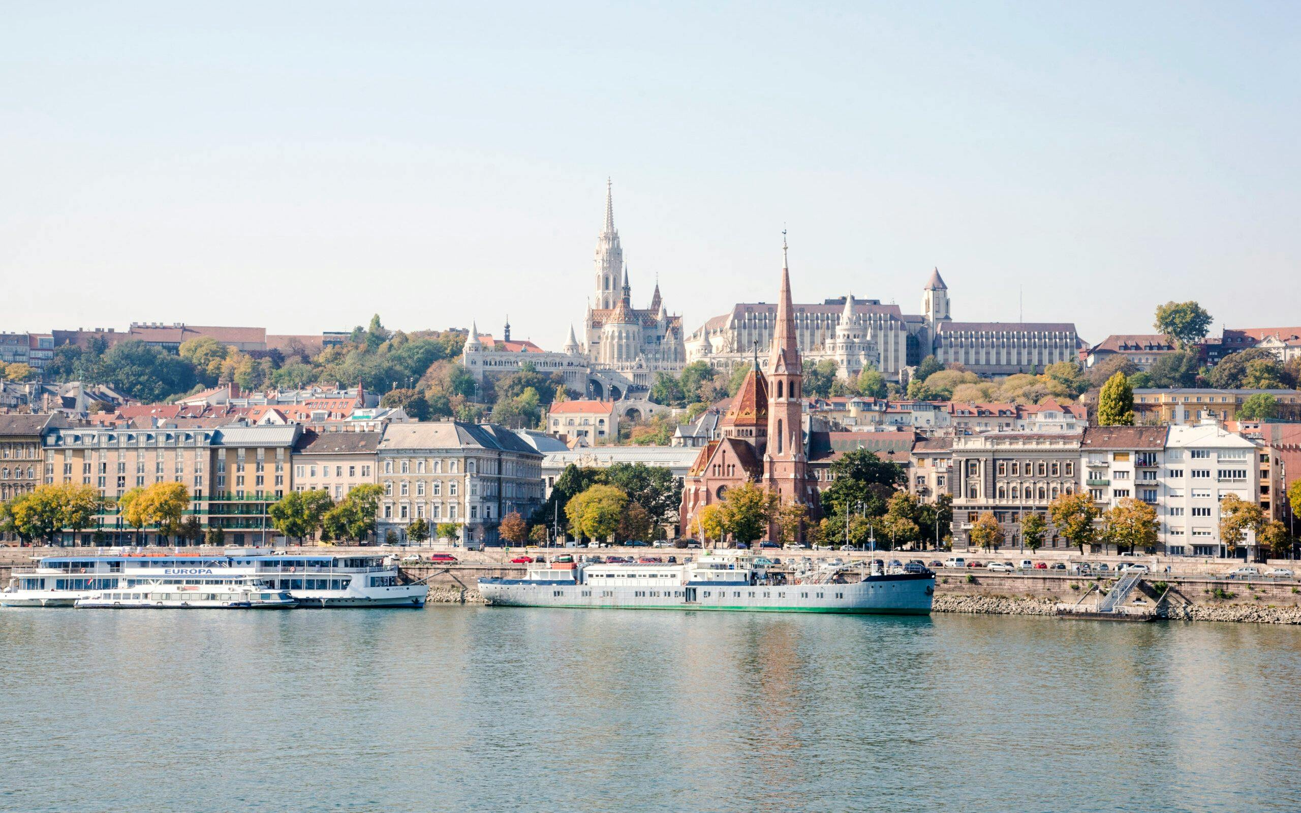 Buda Castle and Matthias Church viewed from the Danube River, Budapest.