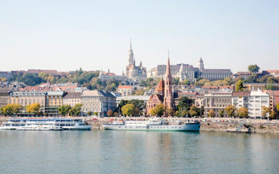 Buda Castle and Matthias Church viewed from the Danube River, Budapest.