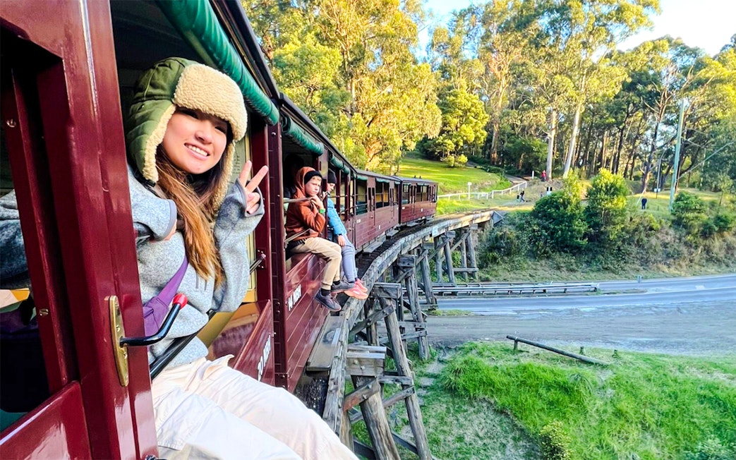 Passenger gives peace sign from Puffing Billy train window on bridge in lush forest.