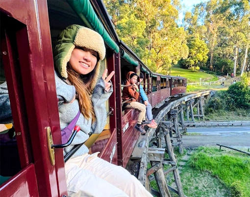 Passenger gives peace sign from Puffing Billy train window on bridge in lush forest.