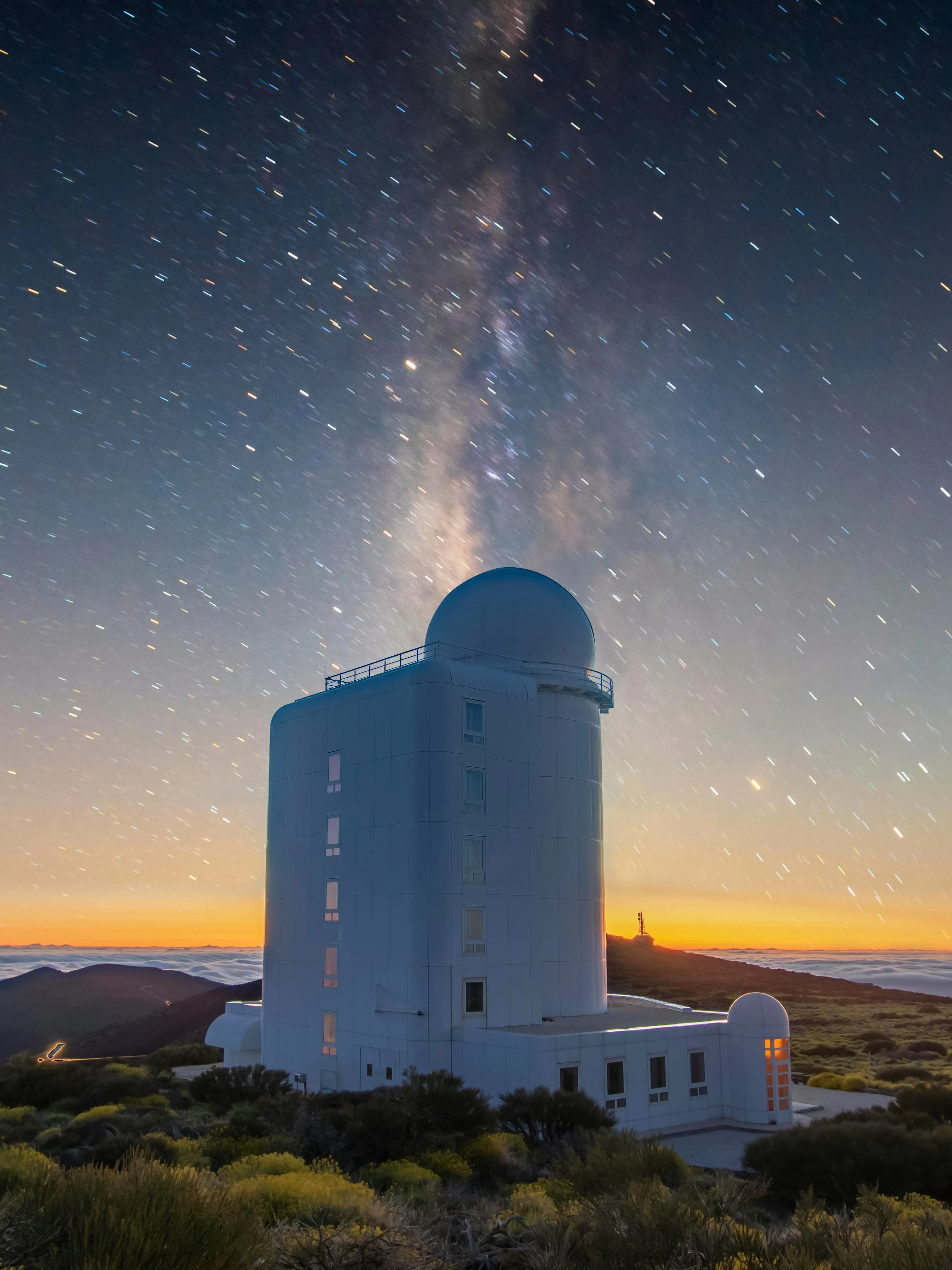 Astronomical observatory under starry sky in Teide National Park, Tenerife.