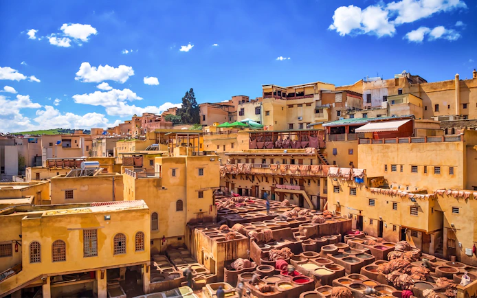 Chouara Tannery in Fes Medina with traditional dyeing vats under a clear sky.