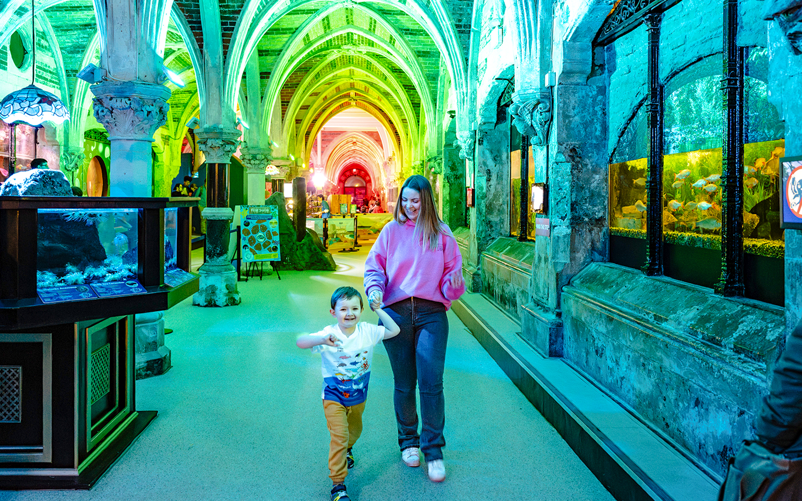 Guests exploring SEA Life Brighton's illuminated aquarium corridor.