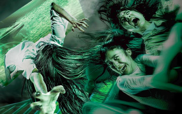 Terrified riders on Sadako's Curse: the Dark Horror Ride at Universal Studios Japan.