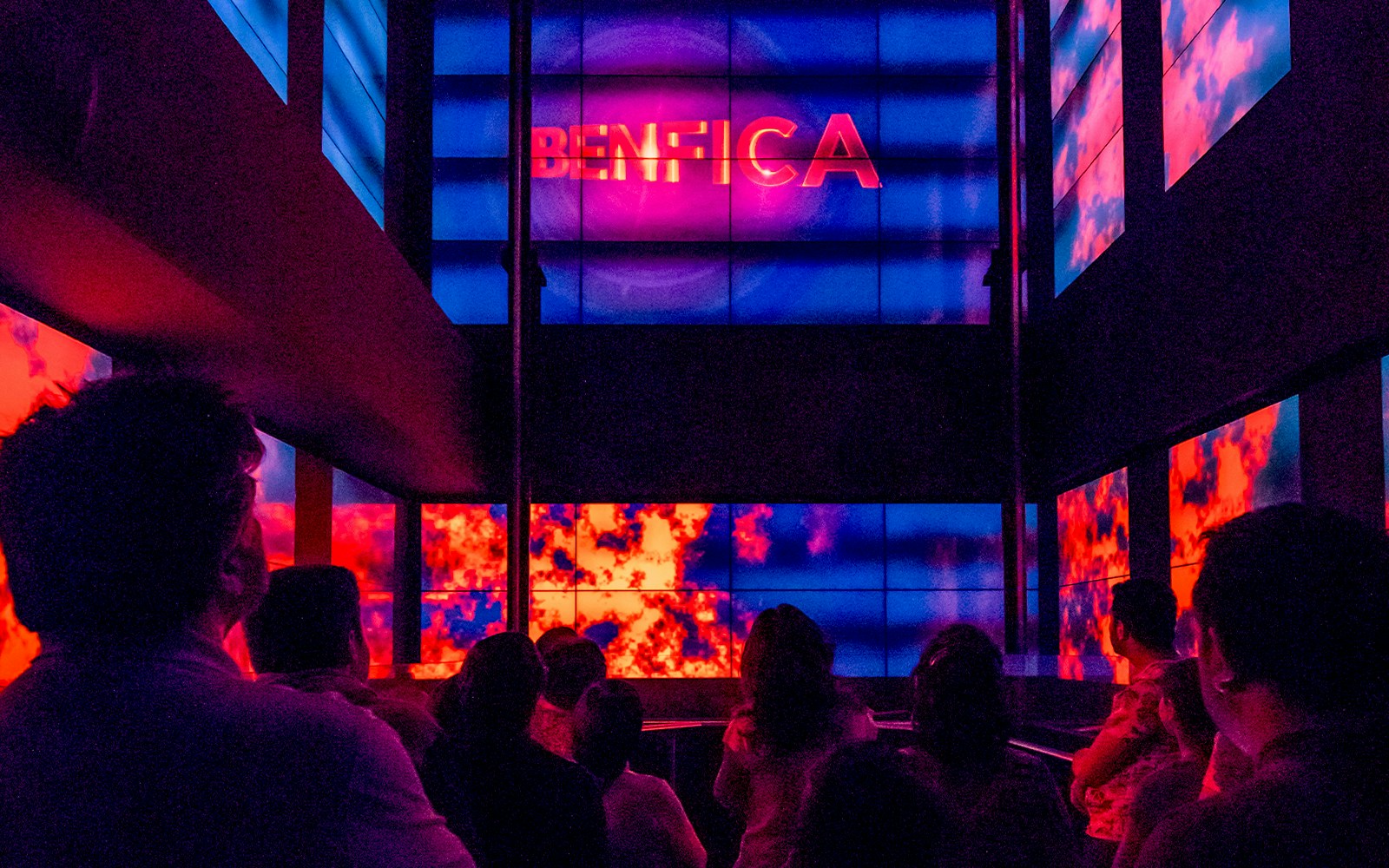 Benfica Stadium museum virtual lift showcasing historical football memorabilia in Lisbon, Portugal.