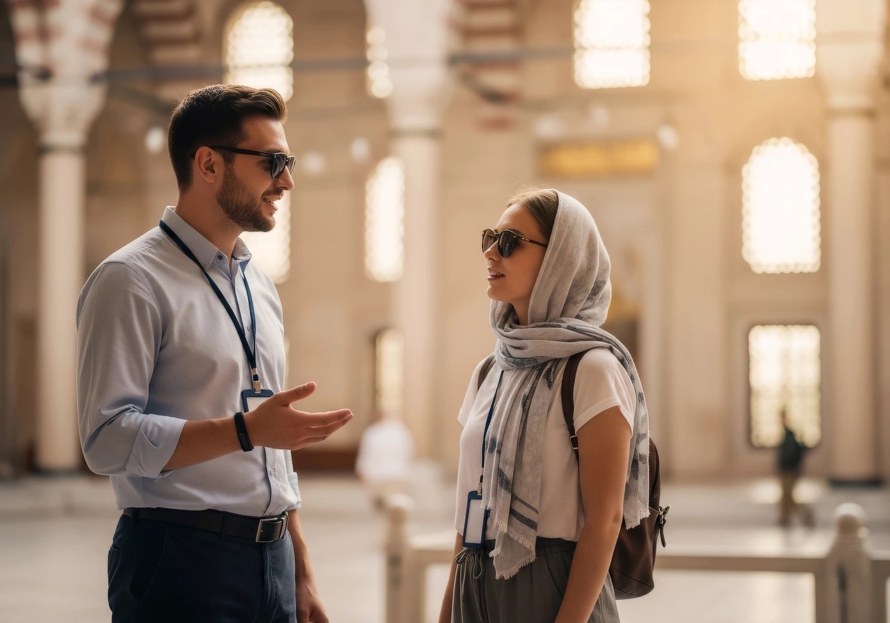 Tour guide speaking with woman tourist inside Suleymaniye Mosque, Istanbul.