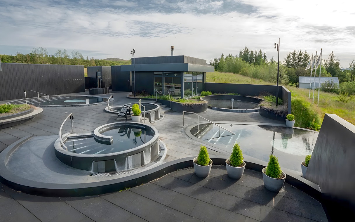 Krauma Geothermal Baths with outdoor hot tubs and modern facilities in Iceland.