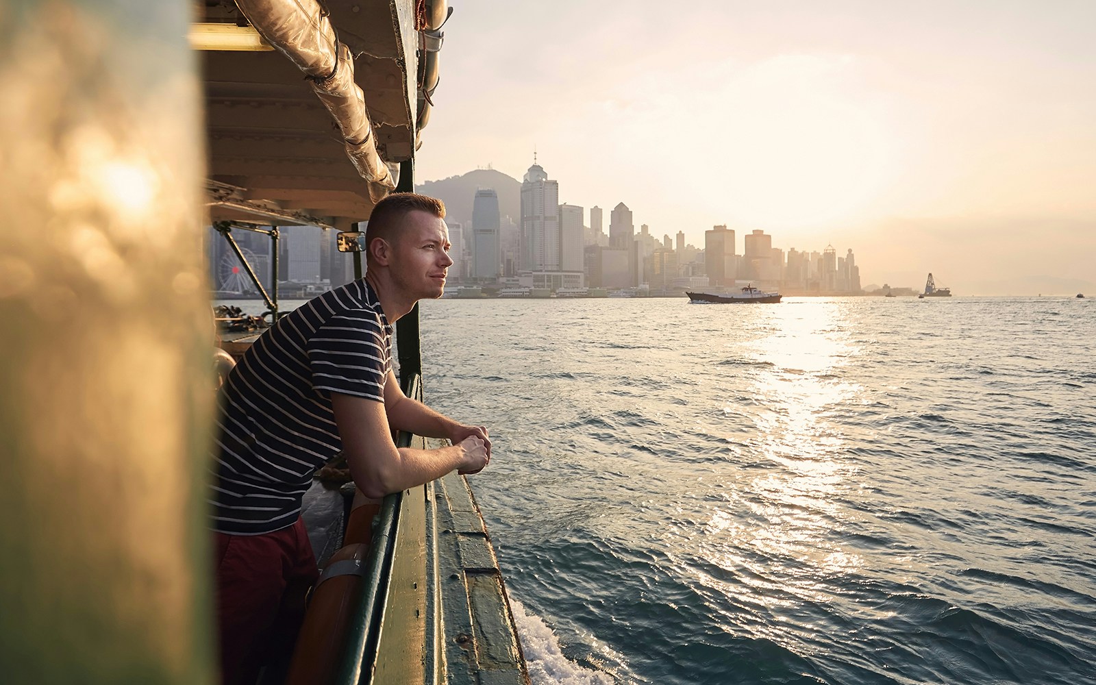 Ferry passenger views Hong Kong skyline during Cotai Ferry transfer to Macau.