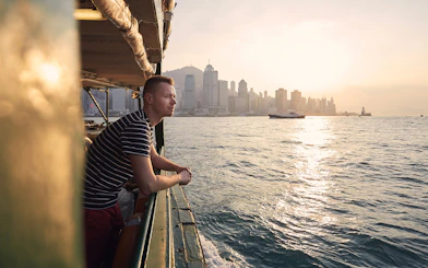 Ferry passenger views Hong Kong skyline during Cotai Ferry transfer to Macau.