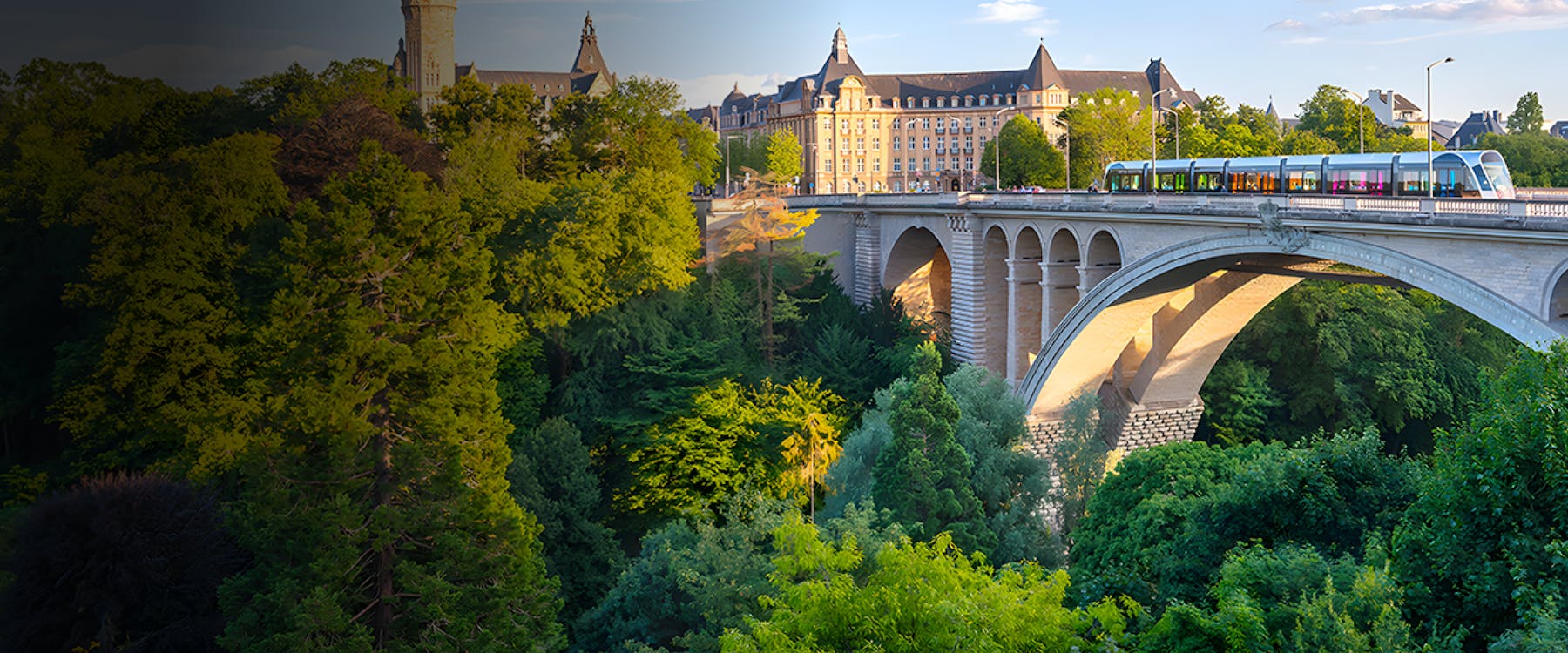 Tram crossing Adolphe Bridge in Luxembourg City surrounded by lush greenery.
