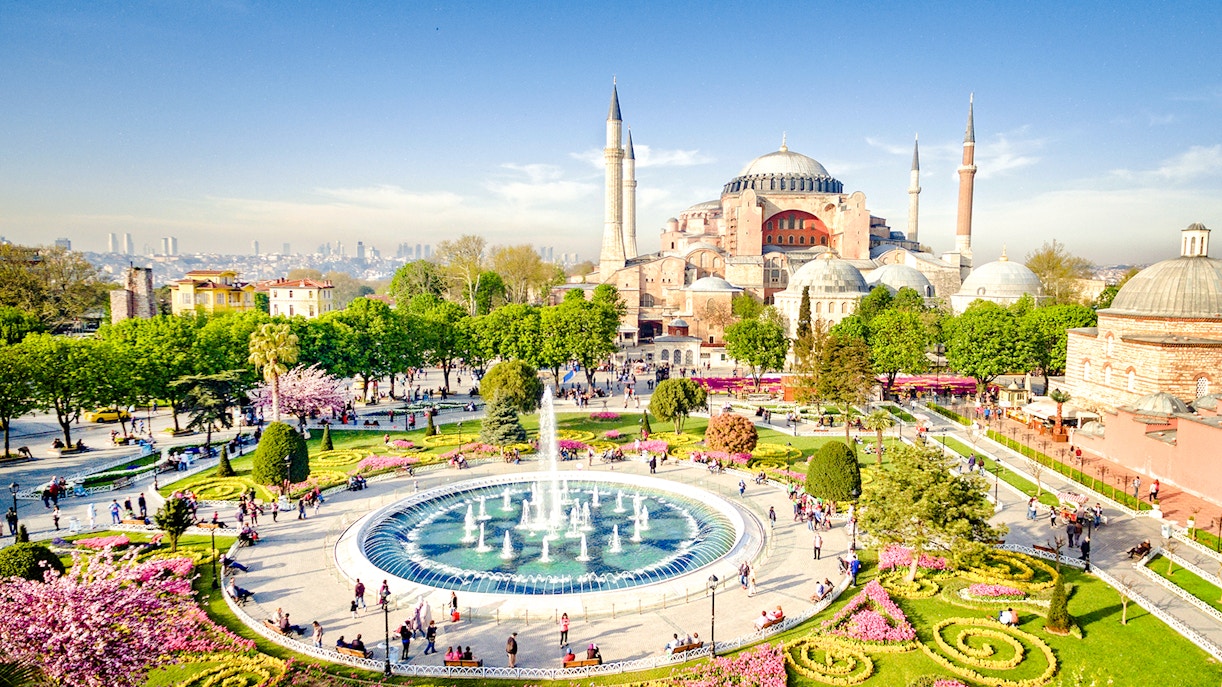 Aerial view of Hagia Sophia and surrounding gardens in Istanbul, Turkey.