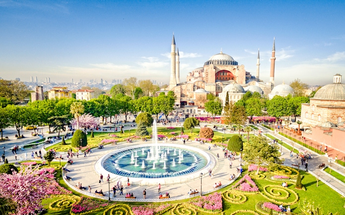 Aerial view of Hagia Sophia and surrounding gardens in Istanbul, Turkey.