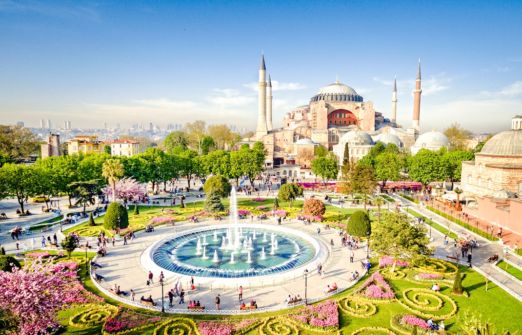 Aerial view of Hagia Sophia and surrounding gardens in Istanbul, Turkey.
