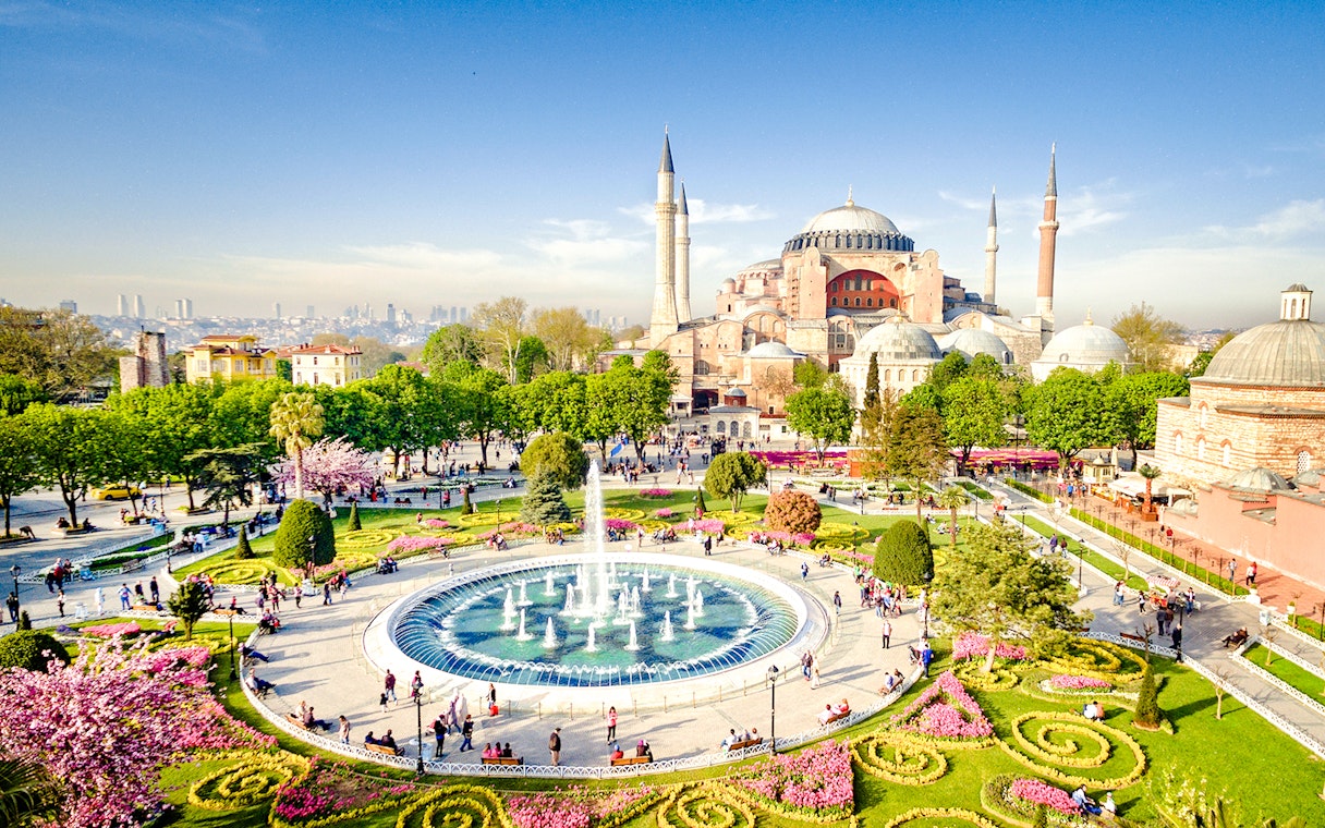 Aerial view of Hagia Sophia and surrounding gardens in Istanbul, Turkey.