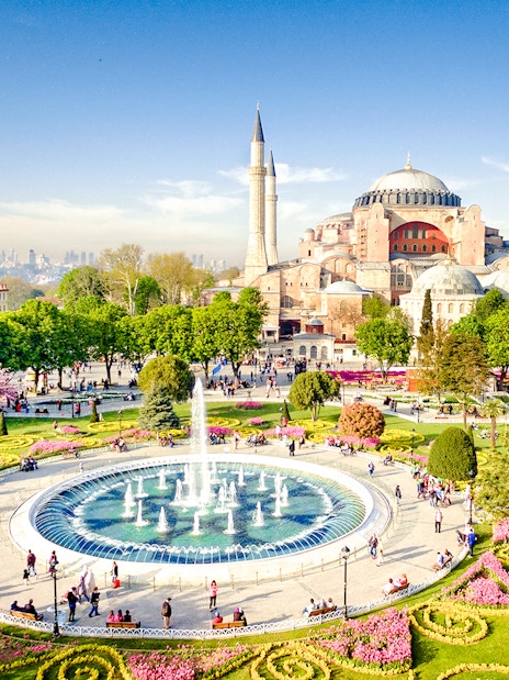 Aerial view of Hagia Sophia and surrounding gardens in Istanbul, Turkey.