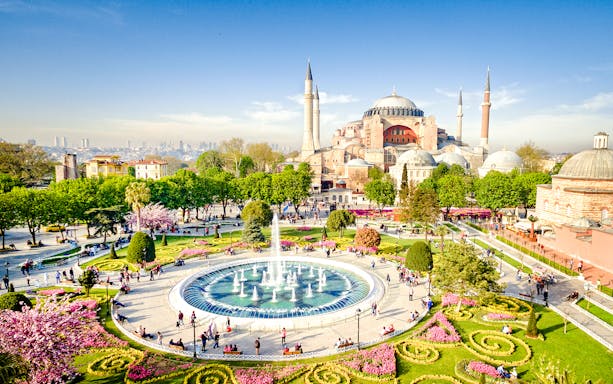 Aerial view of Hagia Sophia and surrounding gardens in Istanbul, Turkey.