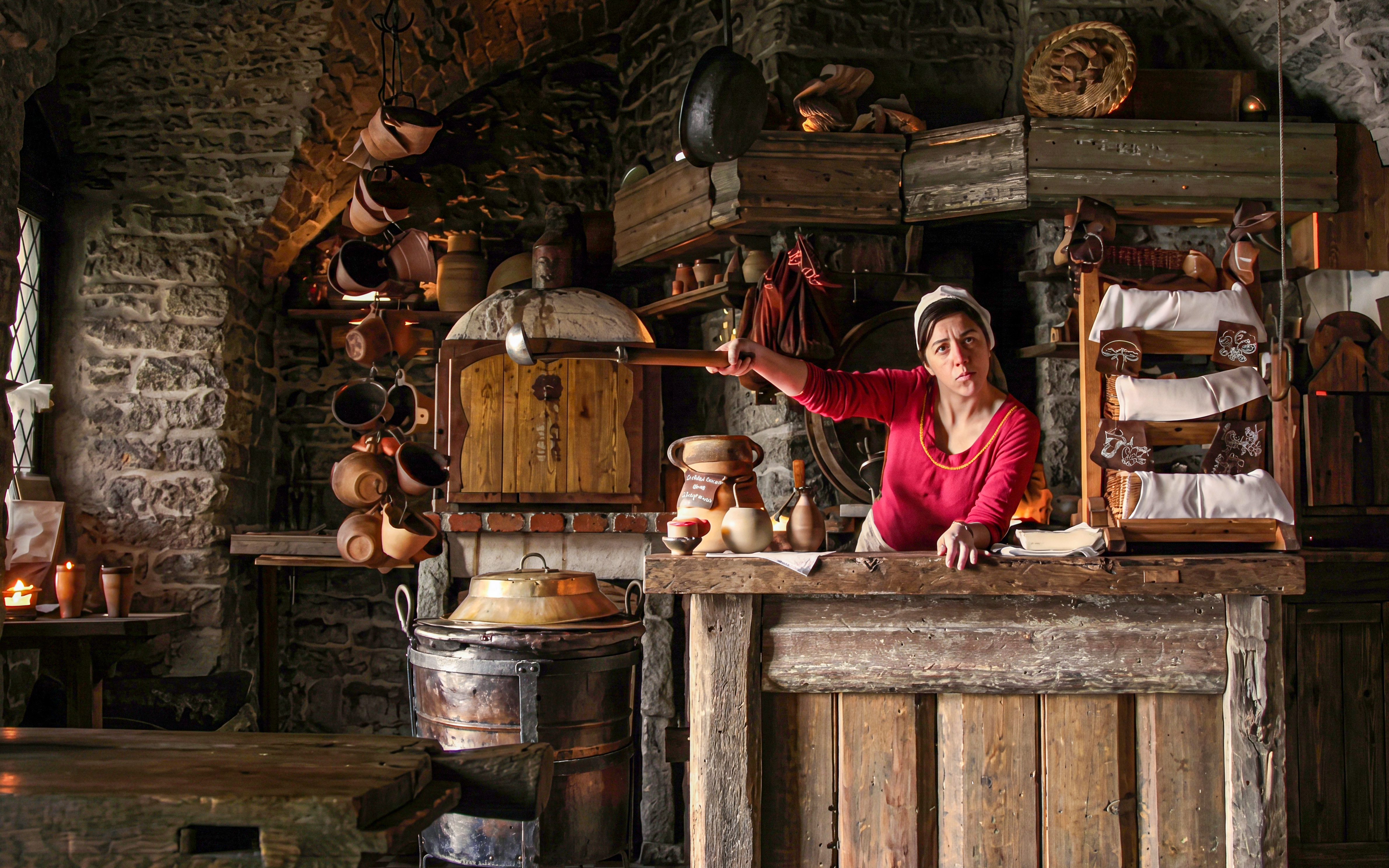 Medieval kitchen in Tallinn with a woman in traditional attire preparing food.