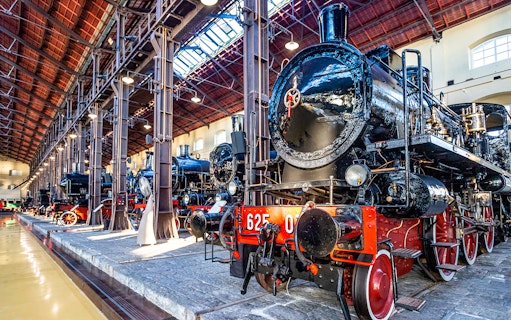 Historic steam locomotives at Pietrarsa Railway Museum, Naples.