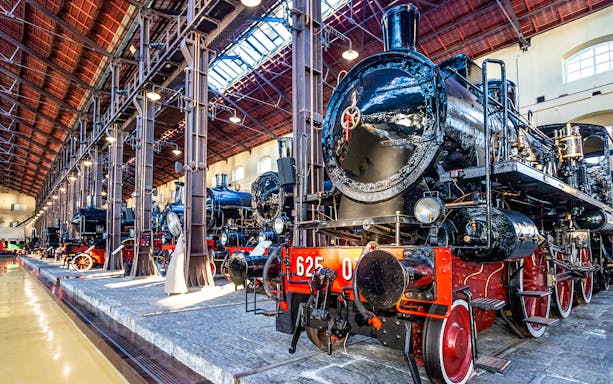 Historic steam locomotives at Pietrarsa Railway Museum, Naples.