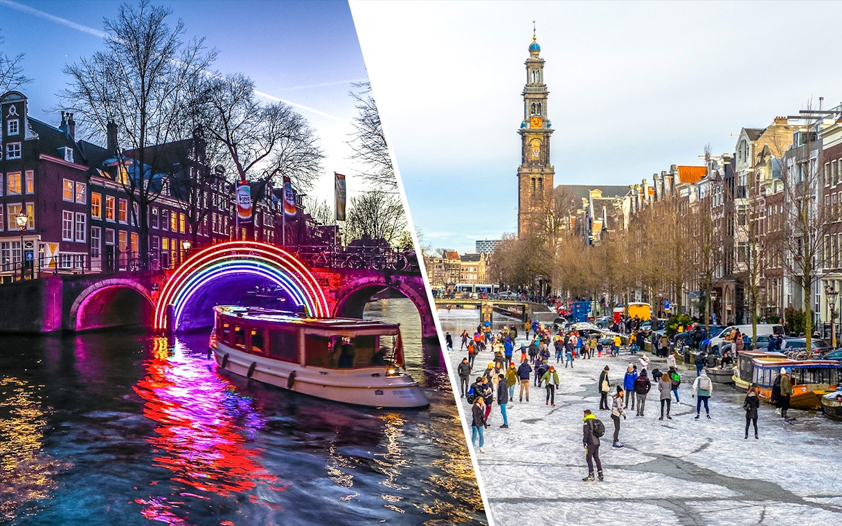 Amsterdam Light Festival cruise under illuminated bridge and people skating on frozen canal.