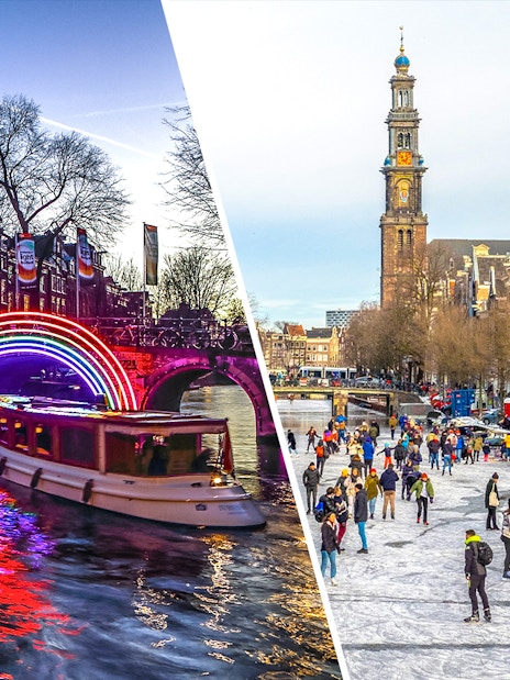 Amsterdam Light Festival cruise under illuminated bridge and people skating on frozen canal.