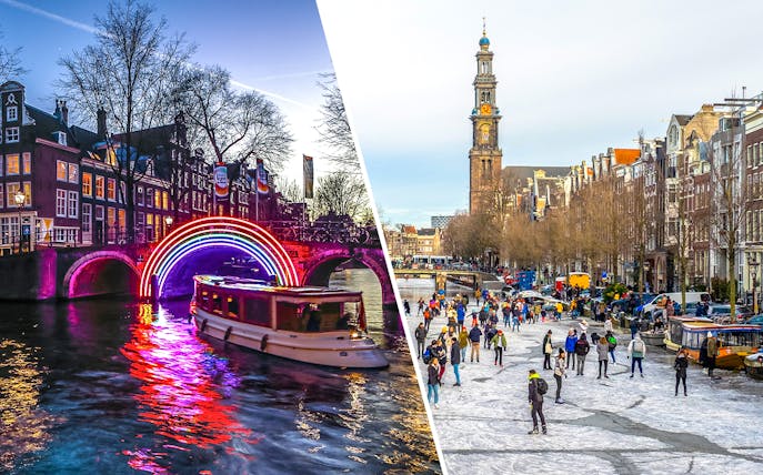 Amsterdam Light Festival cruise under illuminated bridge and people skating on frozen canal.