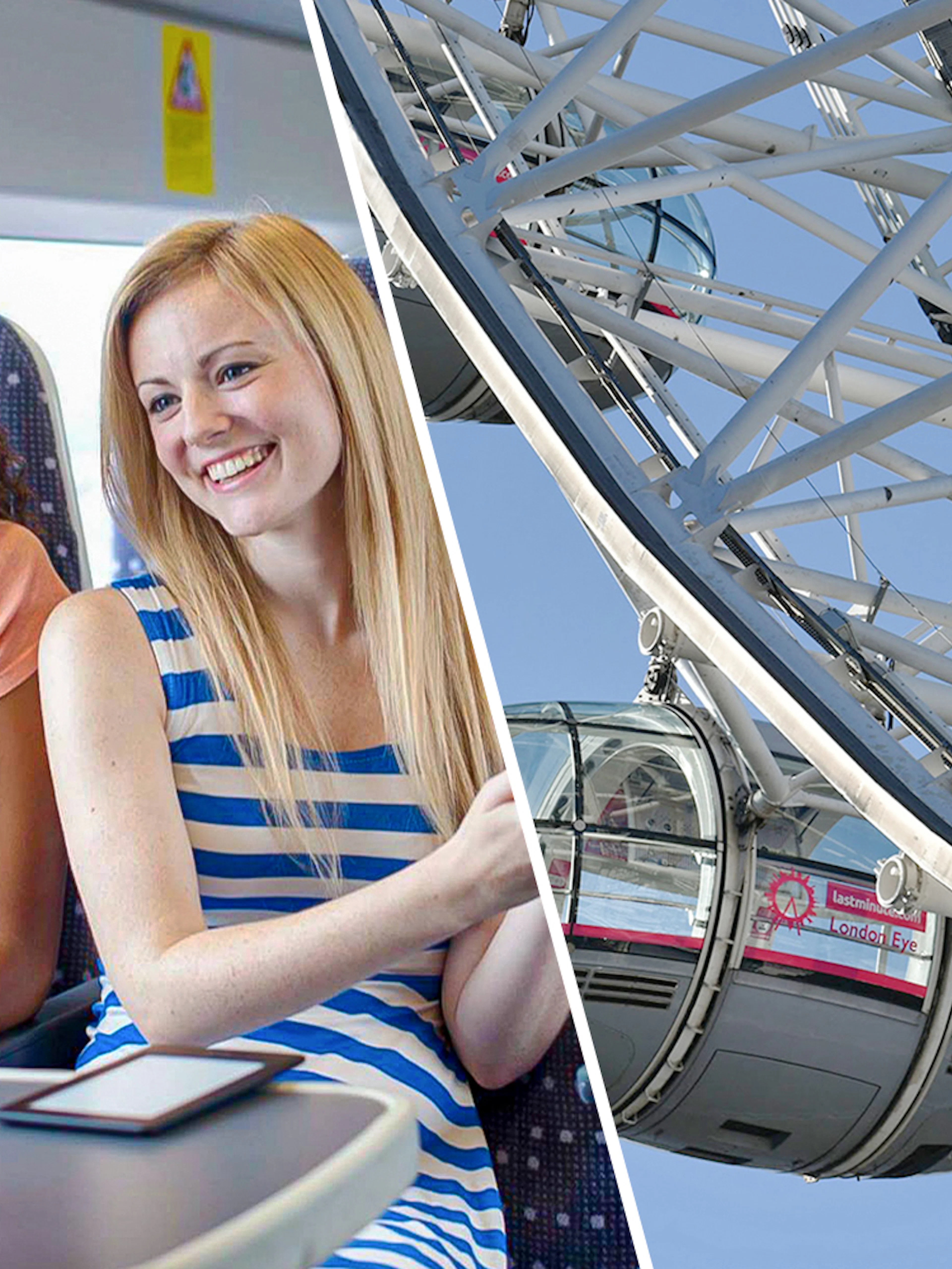 Train passengers enjoying a ride and a close-up of the London Eye capsule.
