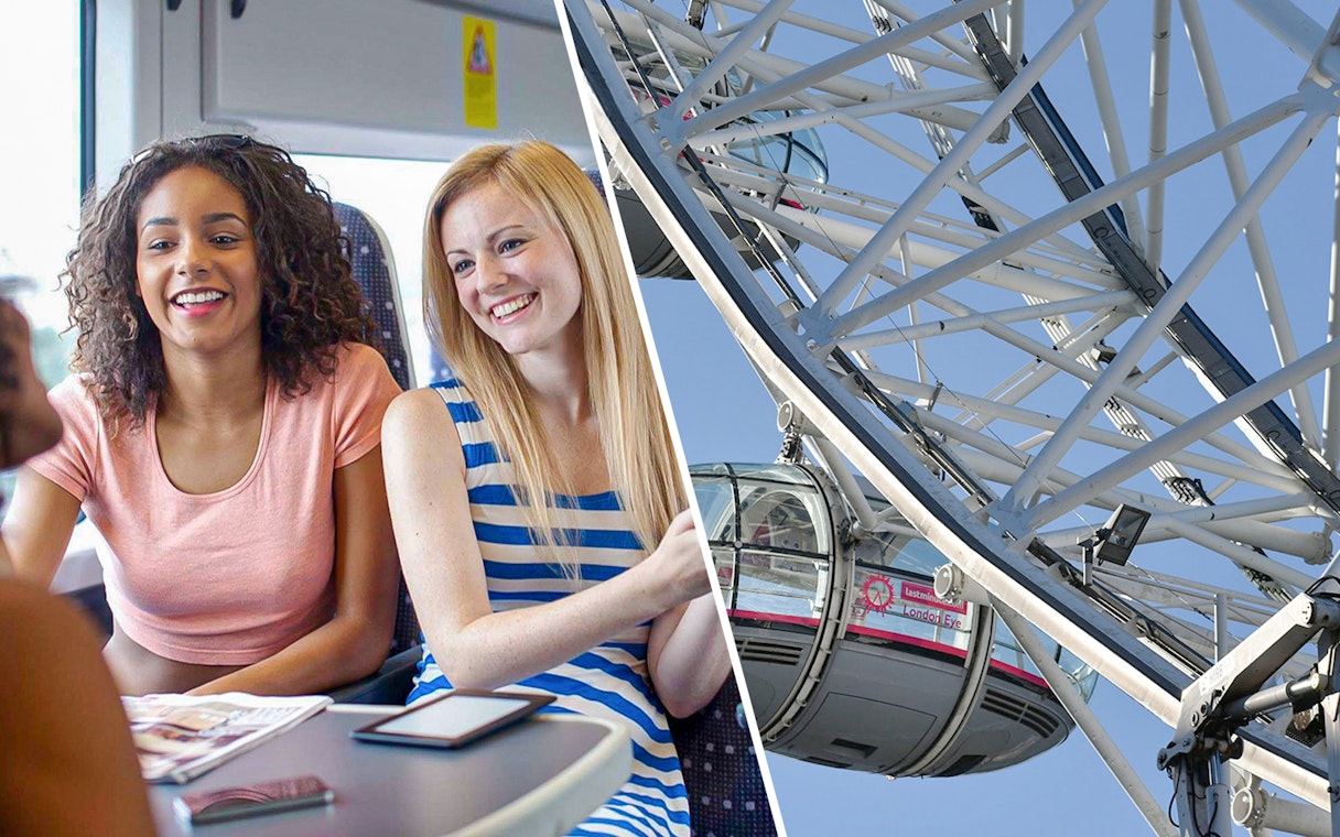 Train passengers enjoying a ride and a close-up of the London Eye capsule.