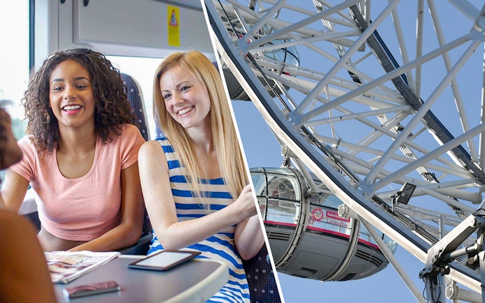 Train passengers enjoying a ride and a close-up of the London Eye capsule.
