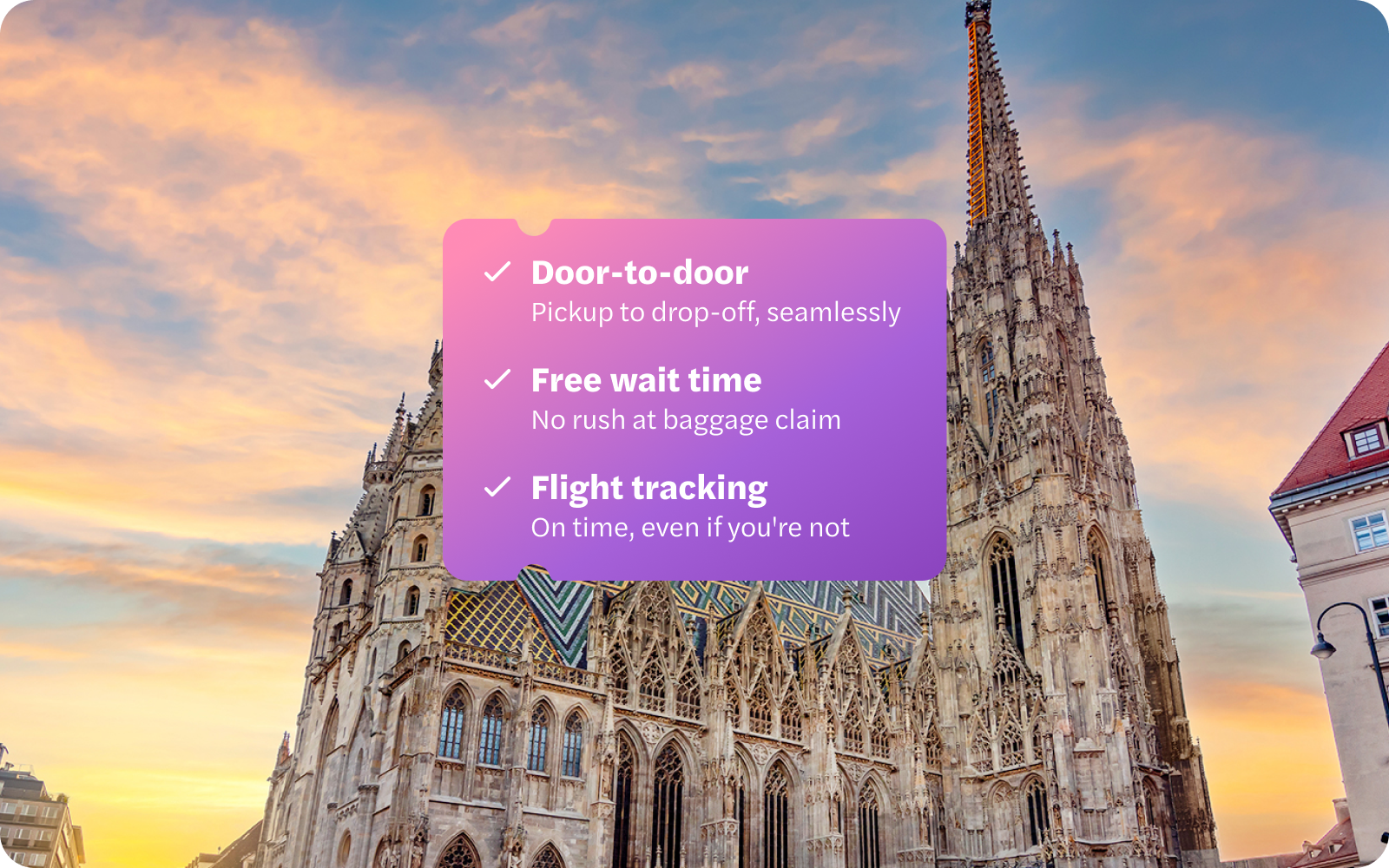 St. Stephen's Cathedral at sunrise, Stephansplatz, Vienna with travel service details.