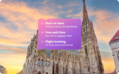 St. Stephen's Cathedral at sunrise, Stephansplatz, Vienna with travel service details.