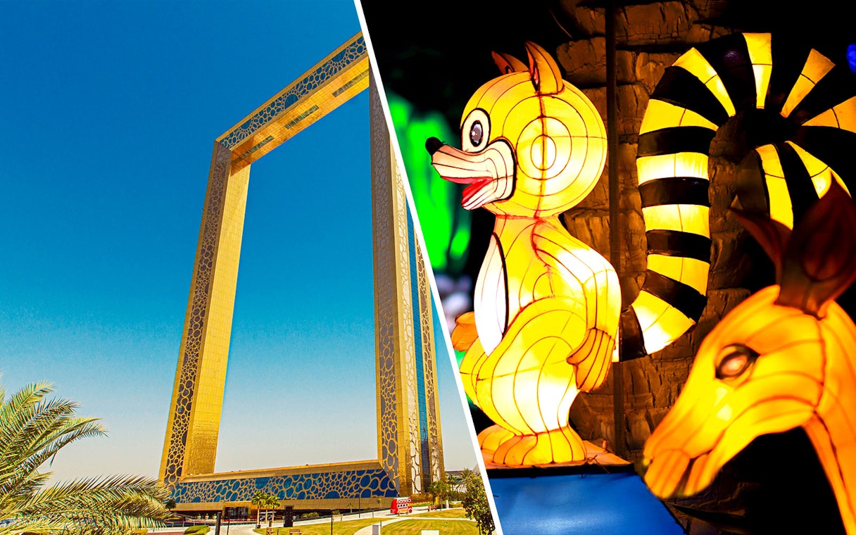 Dubai Frame and illuminated animal sculptures at Dubai Garden Glow.