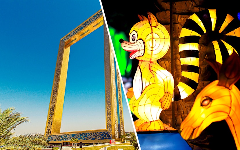 Dubai Frame and illuminated animal sculptures at Dubai Garden Glow.