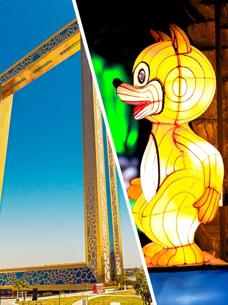 Dubai Frame and illuminated animal sculptures at Dubai Garden Glow.