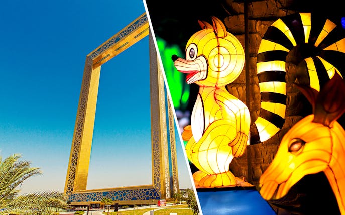 Dubai Frame and illuminated animal sculptures at Dubai Garden Glow.