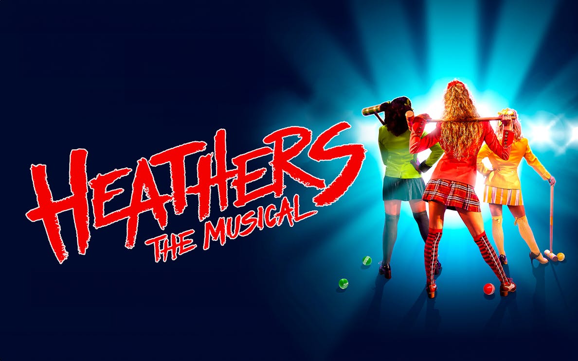 Heathers The Musical logo with three characters holding croquet mallets.