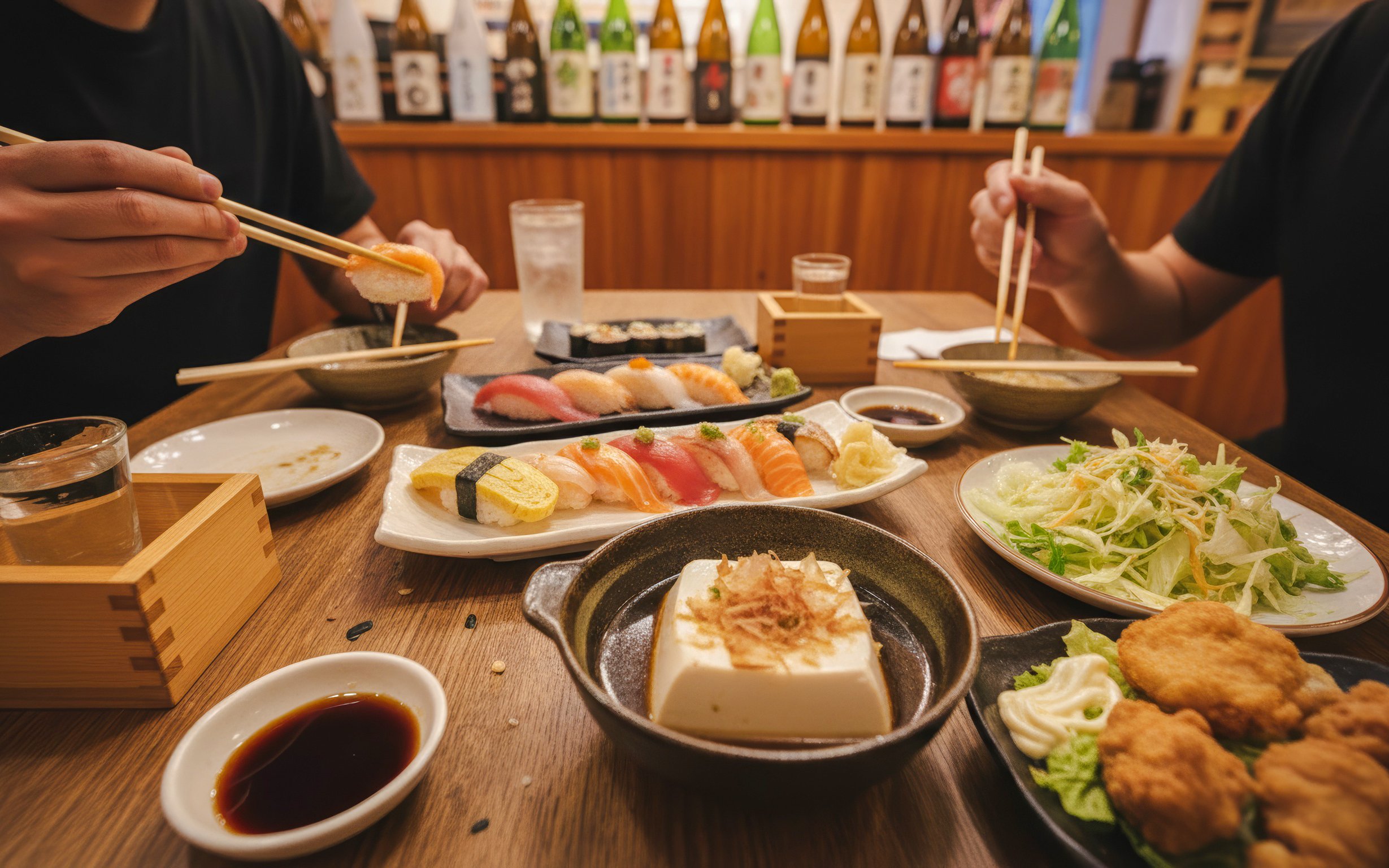 Tourists enjoying sushi and Japanese dishes at an Osaka eatery during a food tour.