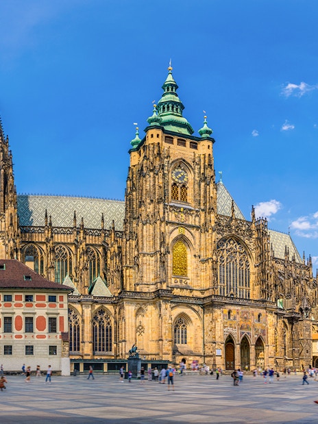 St Vitus Cathedral exterior with Gothic architecture in Prague, Czech Republic.