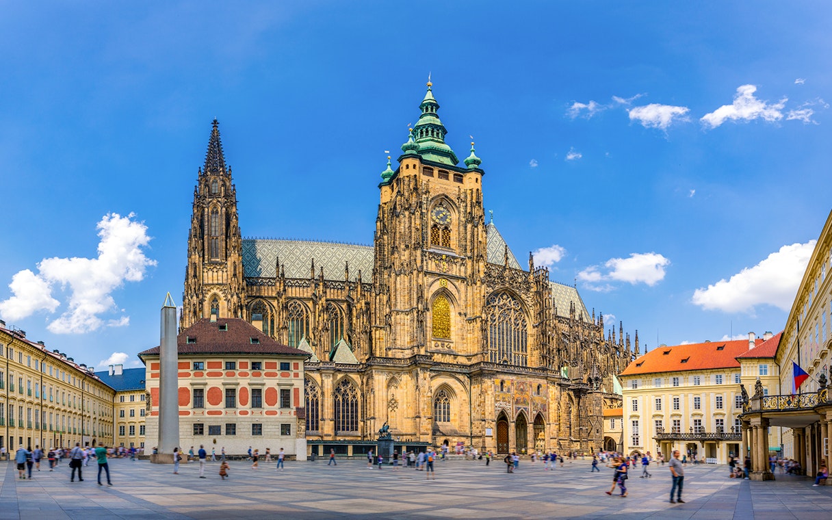 St Vitus Cathedral exterior with Gothic architecture in Prague, Czech Republic.